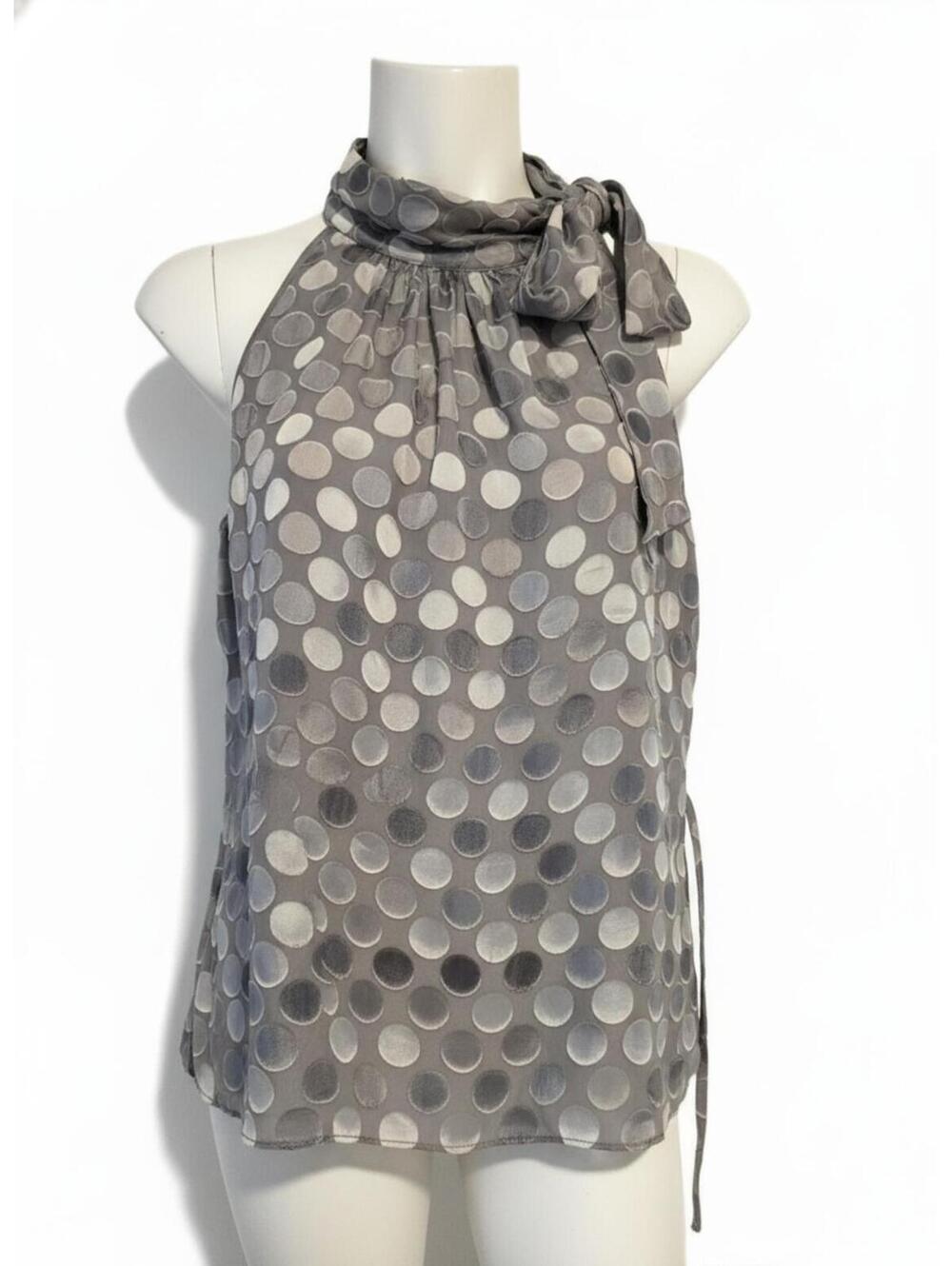 WHITE HOUSE BLACK MARKET Tie-Neck Polka Dot Blouse Women’s Medium Gray - Picture 3 of 4